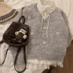 TheDouerr Gray Girl Bow Collar Grey Cardigan Knit Top