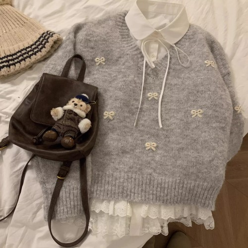 TheDouerr Gray Girl Bow Collar Grey Cardigan Knit Top