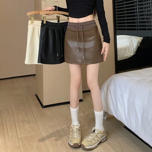 Hot Girl Drawstring Short Skirt PU Leather Skirt Autumn and Winter Girls Sportsy High Waist Covered Hips A-Line Skirt