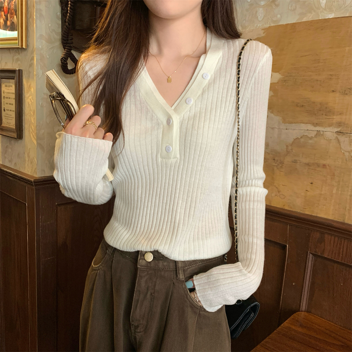 實拍 秋冬韓版氣質雙層v領紐扣設計6羊毛針織長袖打底上衣女