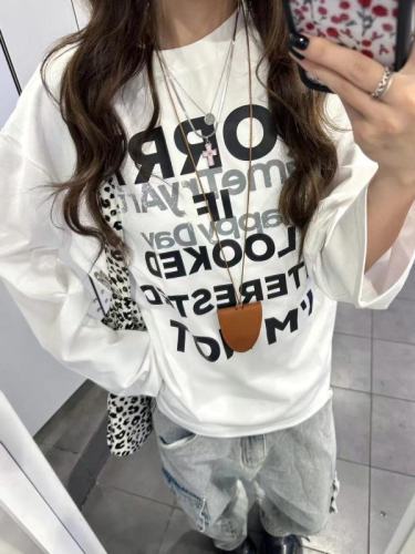 High quality pure cotton 200g 21 count combed precision printed autumn loose long sleeve T-shirt for women