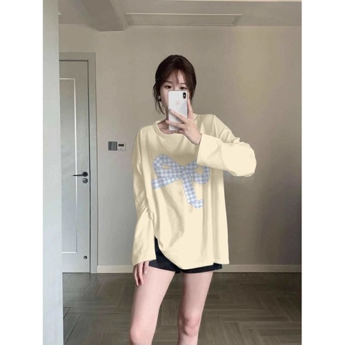 High quality pure cotton 200g 21 count combed precision printed autumn loose long sleeve T-shirt for women