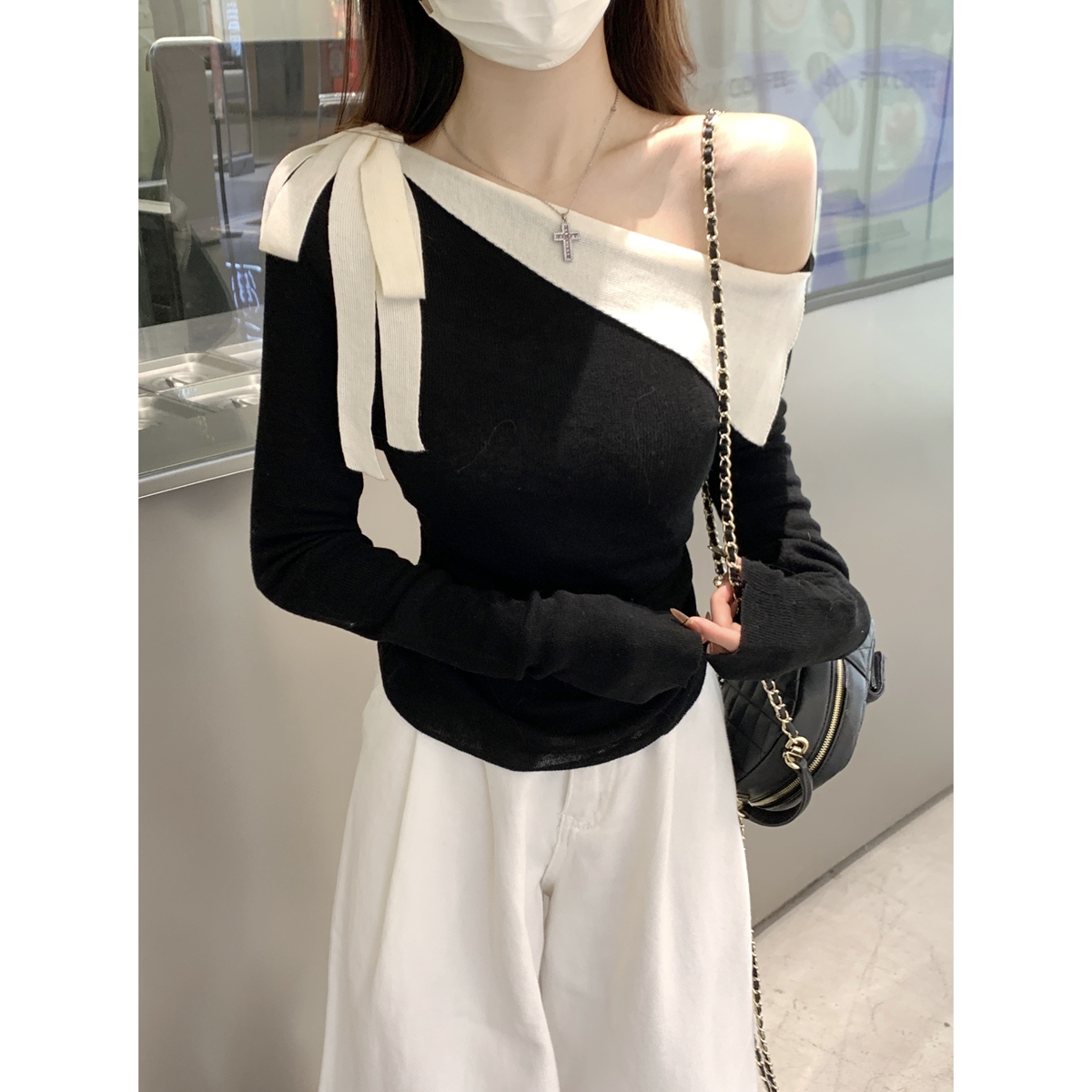 實拍 秋冬韓版修身撞色斜肩露肩顯瘦系帶6羊毛針織打底上衣女