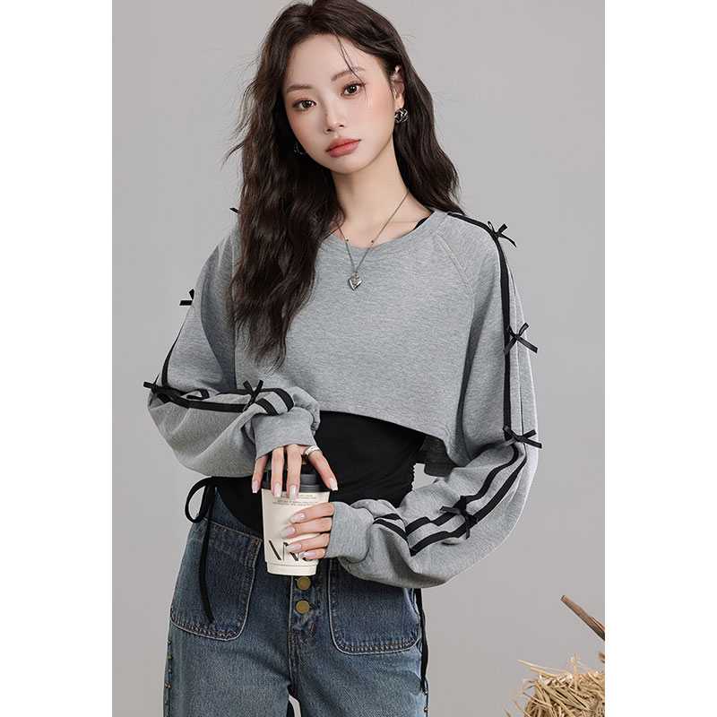 Korean foreign trade quality short long-sleeved sweatshirt for women autumn new gray top with black slimming vest