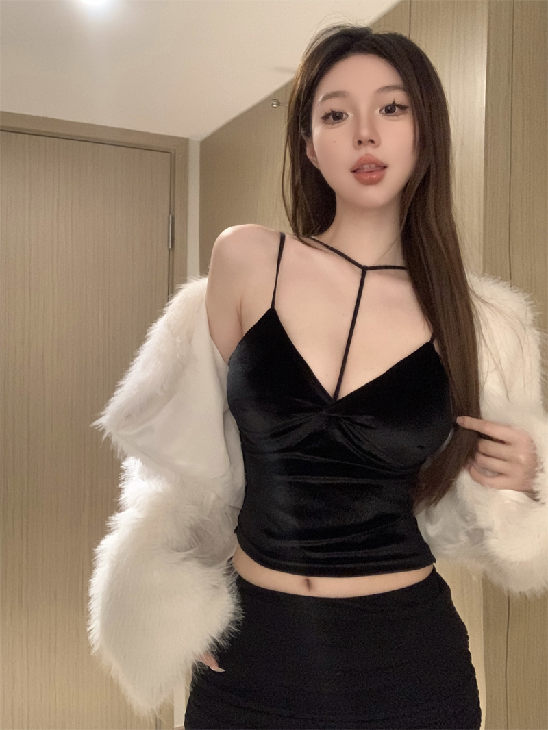 實拍價 純欲掛脖絲絨帶胸墊小吊帶性感辣妹內搭美背上衣