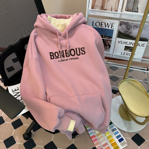 Real shot of Chinese cotton composite super plus velvet 400g sweatshirt for women autumn and winter embroidered hooded top large size women's 200 pounds