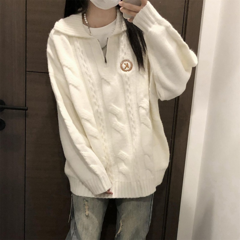 Korean style college style furry lapel pullover sweater for female students in autumn and winter new loose and flesh-covering soft waxy sweater