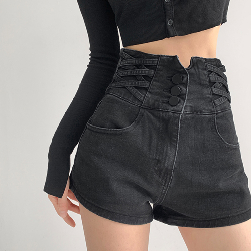 FYQ-Female slightly stretchy high-waisted thin hot pants design with a-line wide-leg shorts