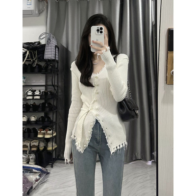 Spring women's new purple V-neck waisted sweater cardigan unique Hong Kong style chic knitted top