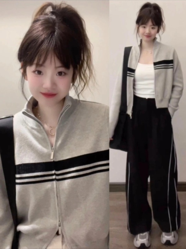 Sheep wool casual zipper versatile striped sweater jacket short fashion sweater top coat for women