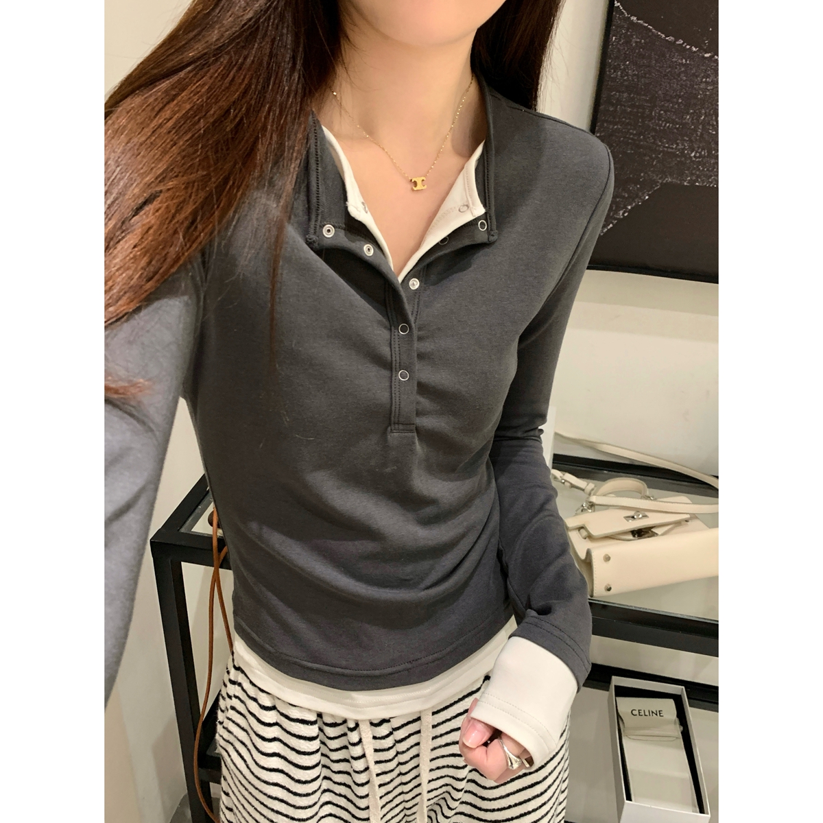 Real shot of autumn and winter Korean style half open collar contrasting fake two-piece buttoned temperament versatile long-sleeved T-shirt with inner top
