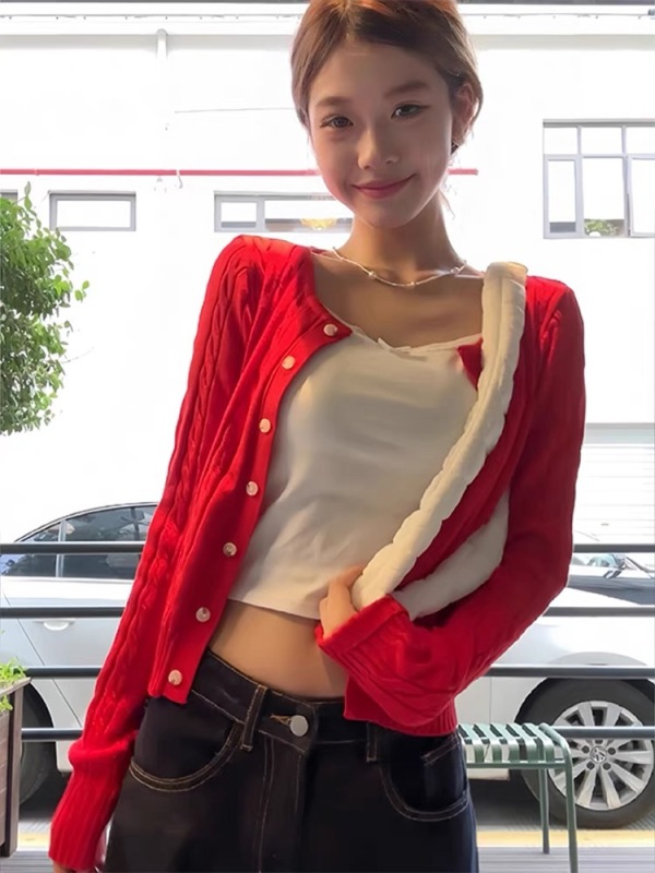 Ankora red slim-fitting sweater cardigan with a flesh-covering slimming sweater for women early autumn new top