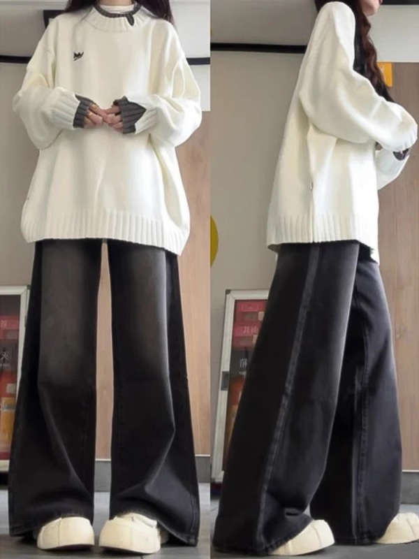 American retro black and gray jeans for women in autumn new slim high waist drape straight wide leg floor mopping pants trendy