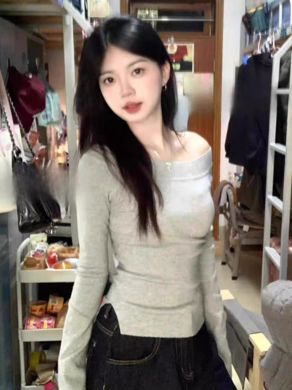 American retro gray slim off-shoulder sweater top spring and autumn thin college style fashion women's slanted shoulder top