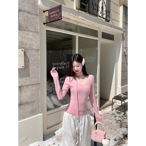 Real shot of beautiful basic V-neck long-sleeved T-shirt for women Korean design waist slimming early autumn chic top