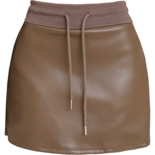 Hot Girl Drawstring Short Skirt PU Leather Skirt Autumn and Winter Girls Sportsy High Waist Covered Hips A-Line Skirt