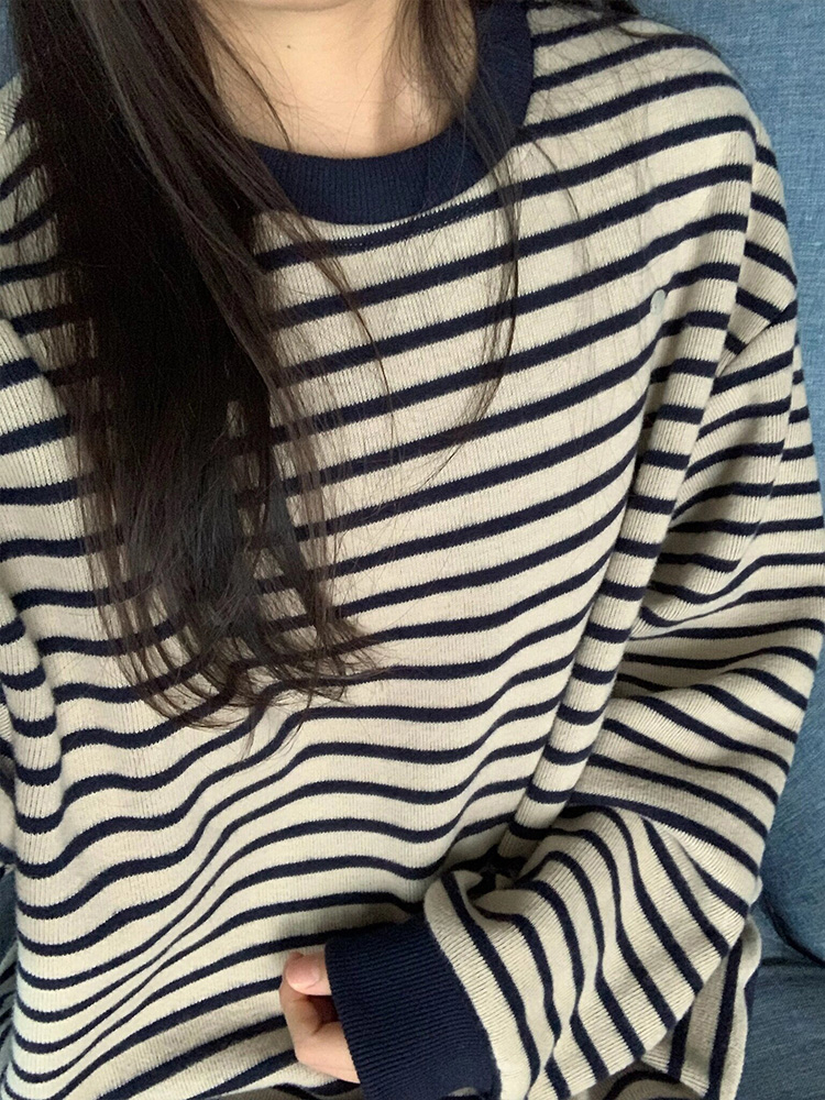Striped round neck sweatshirt for women petite spring and autumn new style American retro lazy style hooded loose long-sleeved top