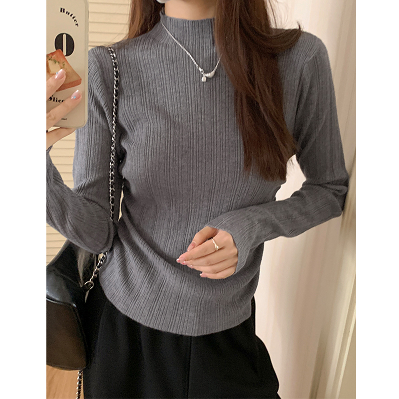 Women's Semi-High Collar Knit Sweater, Chic Korean Style for Autumn/Winter, Innerwear Long-Sleeve Top for a Fitted Look