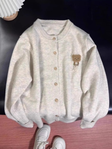 Bear embroidered round neck knitted cardigan for women in autumn new style soft and lazy style sweater jacket top