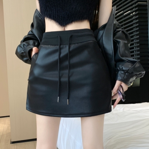 Hot Girl Drawstring Short Skirt PU Leather Skirt Autumn and Winter Girls Sportsy High Waist Covered Hips A-Line Skirt