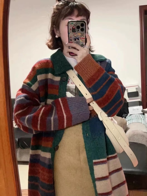 New Japanese retro patchwork lapel sweater cardigan women's coat autumn and winter Korean style long knitted top