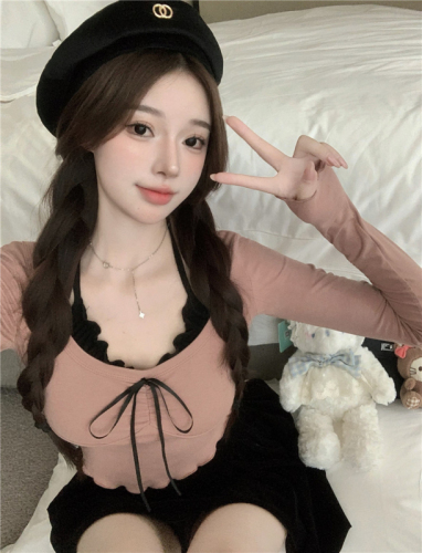 Autumn Pure Desire Sweet Hot Girl Design Fake Two-piece Halter Neck Waist Slimming Long Sleeve T-Shirt Women's Bottoming Short Top