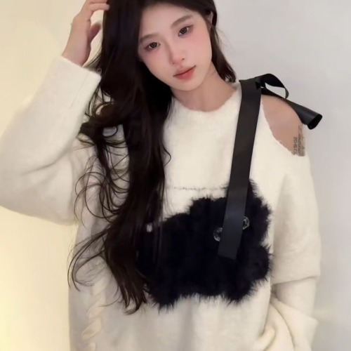 Lazy style fufu sweet off-shoulder strap design pullover sweater for female students autumn and winter loose sweater