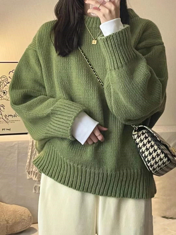 Korea Dongdaemun Retro Green Round Neck Sweater Pullover Loose Lazy Style Thickened Winter Outerwear Women's Knitwear