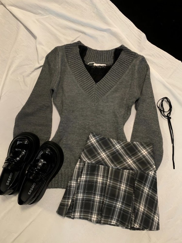 Early autumn gentle style complete set of new Korean style temperament vest top plaid skirt three-piece set for women