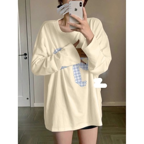 High quality pure cotton 200g 21 count combed precision printed autumn loose long sleeve T-shirt for women