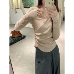 Real shot of autumn and winter Korean style temperament v-neck cross-over irregular buttoned slimming long-sleeved bottoming T-shirt top for women