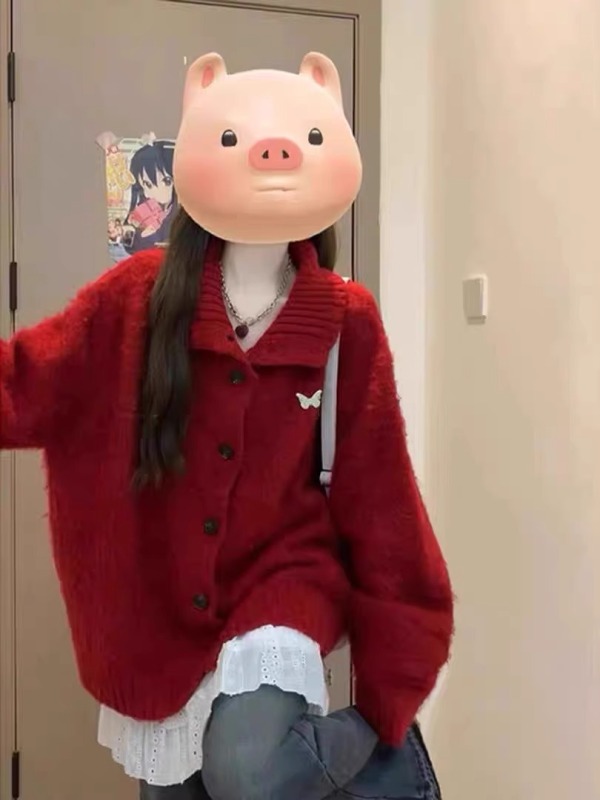 American casual turtleneck red sweater design lapel cardigan simple style loose knitted sweater top coat autumn