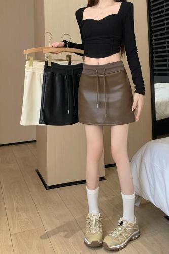 Hot Girl Drawstring Short Skirt PU Leather Skirt Autumn and Winter Girls Sportsy High Waist Covered Hips A-Line Skirt