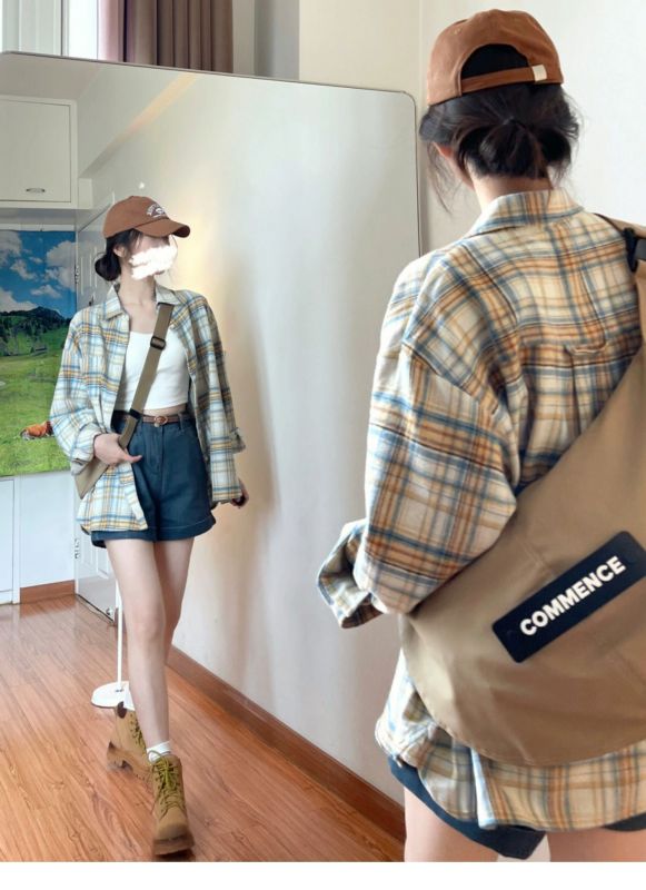 Retro Plaid Shirt Jacket Women's Spring and Autumn New Thin Shirt Women's Linen Cotton Linen Long Sleeve Top