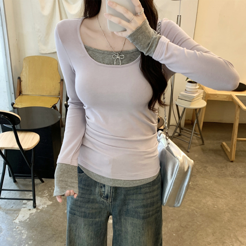Fake two-piece long-sleeved T-shirt bottoming shirt for women 2024 autumn and winter new style foreign-style slim-fitting inner layering slim-fitting top