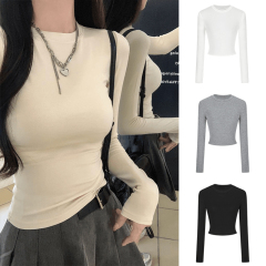 Hot girl pinch waist long-sleeved T-shirt for women 2024 early autumn new Korean style slim fit versatile solid color bottoming shirt top