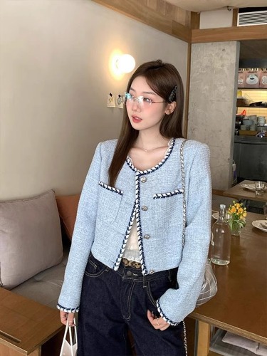 French tweed short blue ladylike style slim single-breasted round-neck cardigan jacket