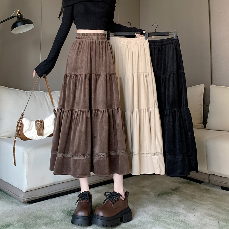 Gentle Wind Velvet Cake Skirt Women's Slim Spliced ​​A-Line Skirt Mid-Length Drapey Skirt