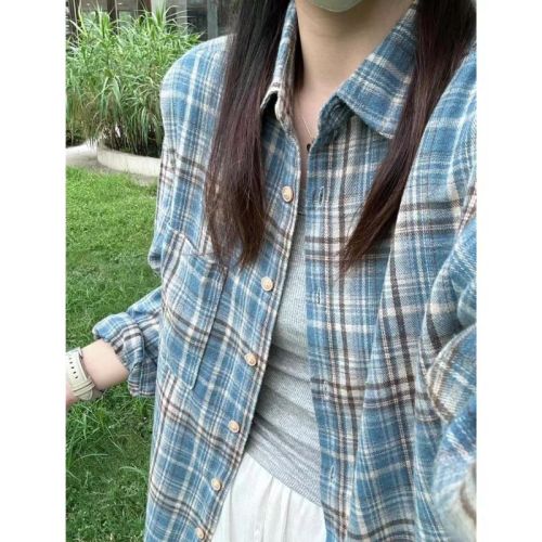 Brushed blue plaid long-sleeved shirt jacket for women 2024 early autumn new French retro temperament top design