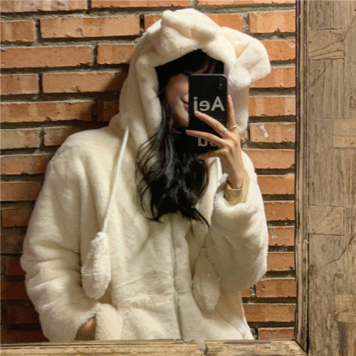 Moving bunny ears plus velvet hooded cotton coat for women winter new small thickened plush coat