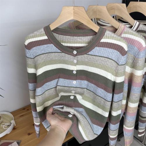 Korean style low round neck contrast striped sweater for women early autumn new versatile cardigan button jacket