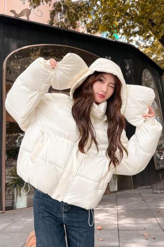 Real shot of short down cotton coat for women 2024 new style cotton coat with big ears hooded thickened warm bread coat trendy