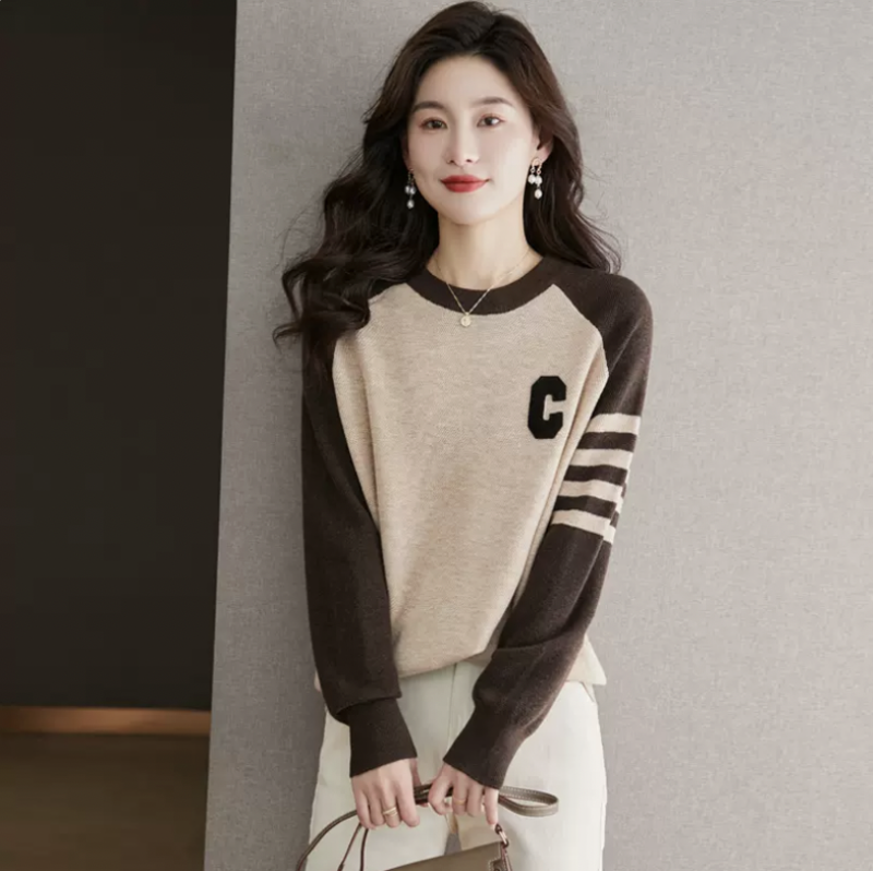 2024 Spring and Autumn New Round Neck Bottoming Sweater Women's Loose Knitwear T-Shirt Top Casual Color Blocking Short Sweatshirt