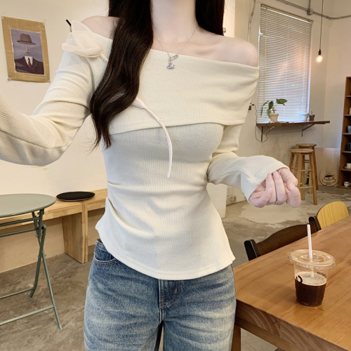 2024 new autumn Korean chic flower design niche round neck long sleeve slim short knitted T-shirt for women
