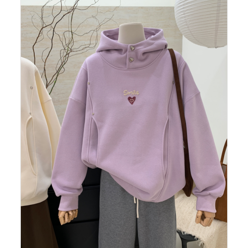 Design niche embroidery love smile hooded sweatshirt women's autumn and winter velvet thickened loose top