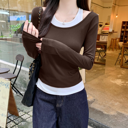 Contrast color fake two-piece U-neck long-sleeved T-shirt for women 2024 autumn smocked waist and layered bottoming top
