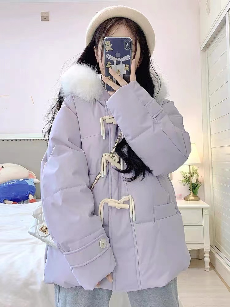 Super nice down jacket for women winter 2024 new style small high-end fur collar warm horn button jacket for women