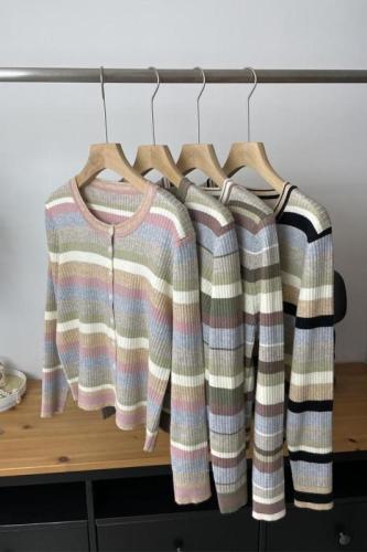 Korean style low round neck contrast striped sweater for women early autumn new versatile cardigan button jacket