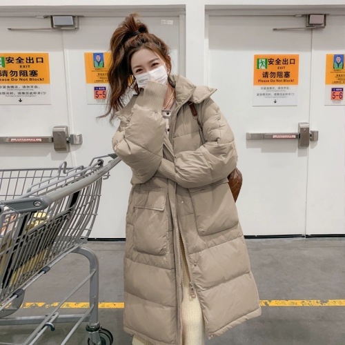 Pink bread down cotton coat for women winter new thickened warm mid-length over-the-knee hooded cotton-padded jacket