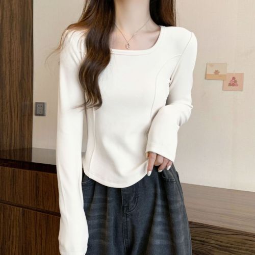 U-neck long-sleeved T-shirt for women 2024 autumn and winter new fishbone design slim fit bottoming shirt short top